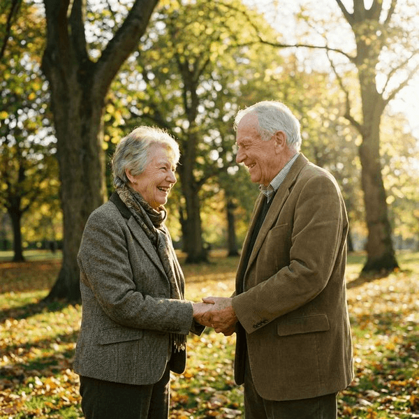 Un couple de seniors souriants, bénéficiaires de l'association Plus de Liens